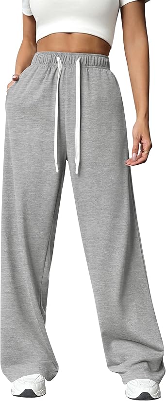 PINSPARK Wide Leg Sweat Pants for Womens High Waisted Baggy Sweatpants Casual Drawstring Workout Pants with Pockets
