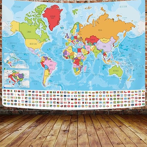 Miniatura 4 de Tapiz de mapa del mundo, tapiz colorido con banderas de países, mapa del mundo con países y ciudades principales, tapiz educativo de estética para