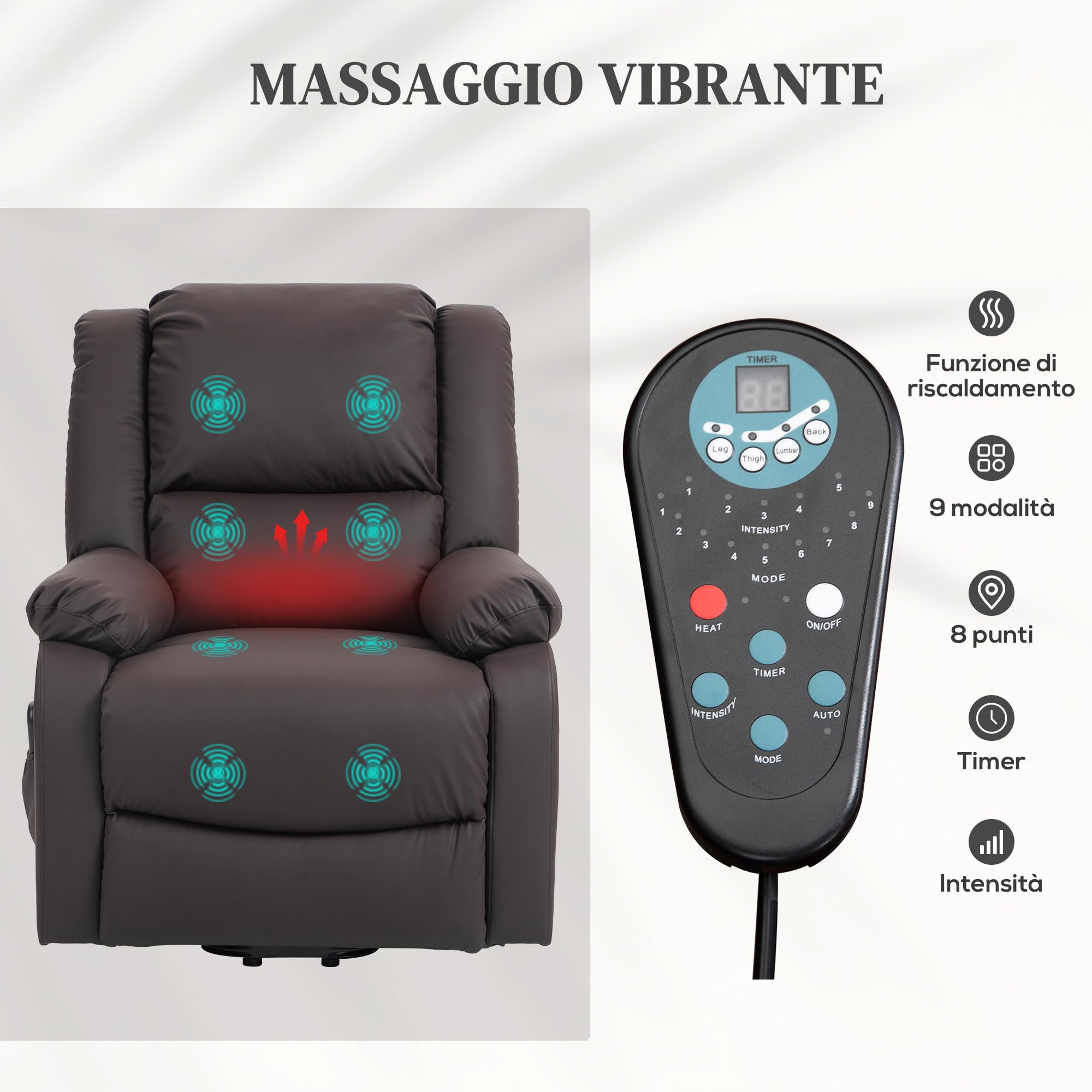 HOMCOM Poltrona Elettrica Alzapersona Reclinabile in Tessuto Antigraffio, Poltrona Relax Elettrica con 8 Punti Massaggianti, Riscaldamento, Poggiapiedi e 2 Telecomandi, Marrone