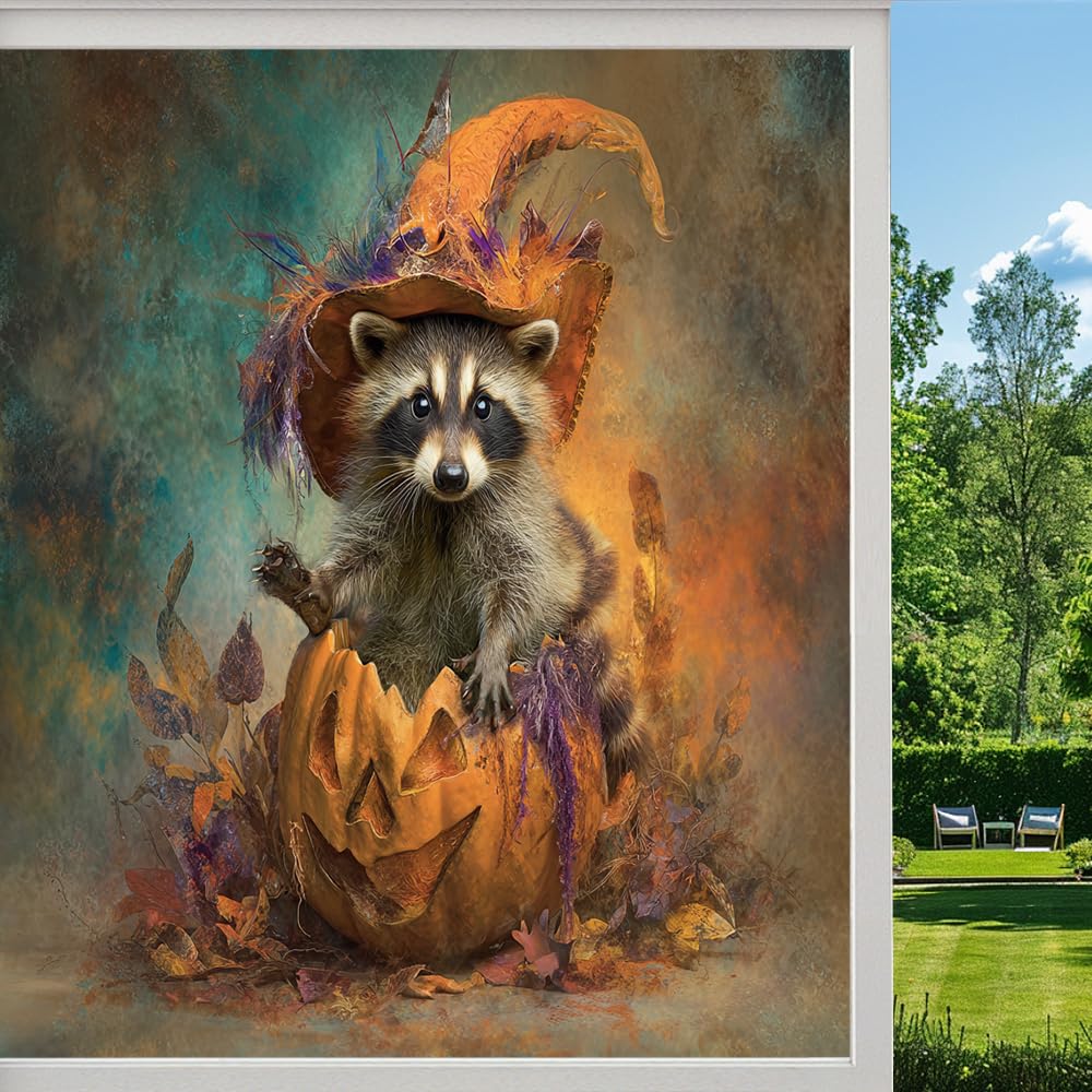 Fantasy Raccoon Privacy Window Film, Halloween Pumpkin Autumn Frosted Self-Adhesive Vinyl Cling for Glass Doors Bathroom Windows Sun Blocking Heat Control,（55x120cm）