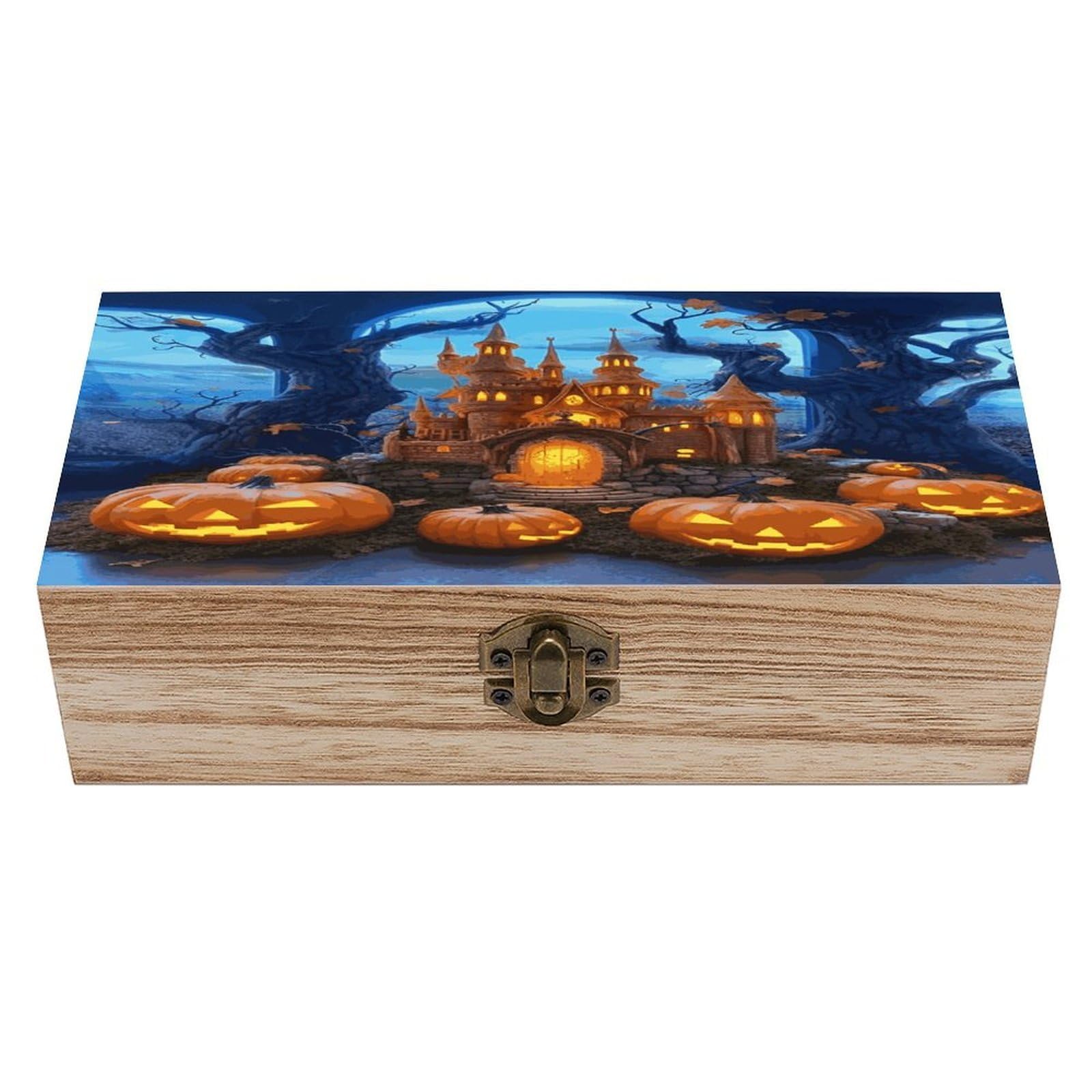 Btcowzrv Style Halloween Castle Pumpkin Wooden Storage Box, Keepsake Box With Hinged And Retro Lock, Wood Jewelry Organizer For Photos & Mementos And Home Decor