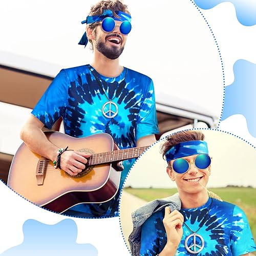 Miniatura 5 de Berlune 4 Pcs 60s 70s Hippie Outfits for Men Hippie Costume Tie Dye TShirts Disco Outfit Halloween Costume