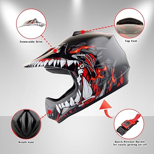 Miniatura 3 de WOW Casco de motocross BMX MX ATV para niños y jóvenes, casco Dianosour Dragon + gafas + guante marciano juvenil paquete HJOY MG