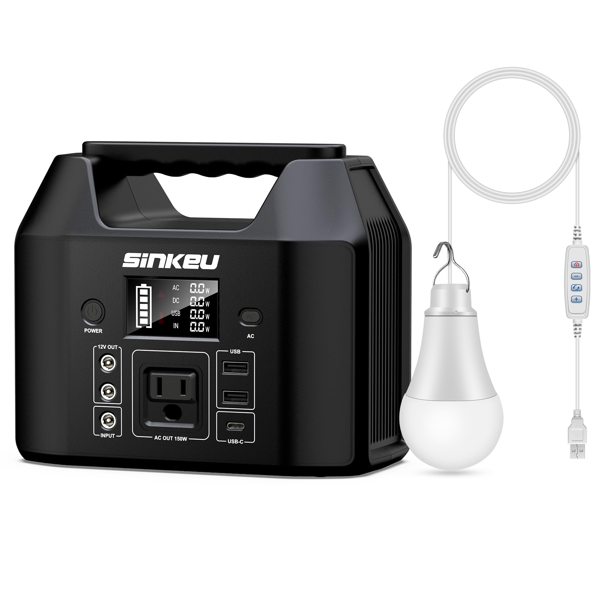 SinKeu Portable Power Station 150W with 5W USB LED Light Bulb LiFePO4 Battery Solar Generator for Home Use