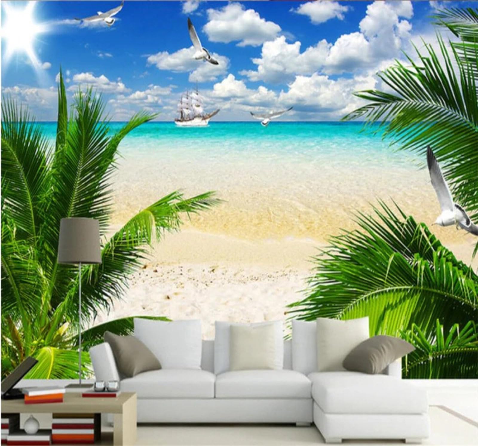 Blue Sky White Clouds Sea Beach Scenery 3D Wallpaper Easy Install Feature Office Living Room Sofa Bedroom TV Background Wall Decoration-400cm×280cm