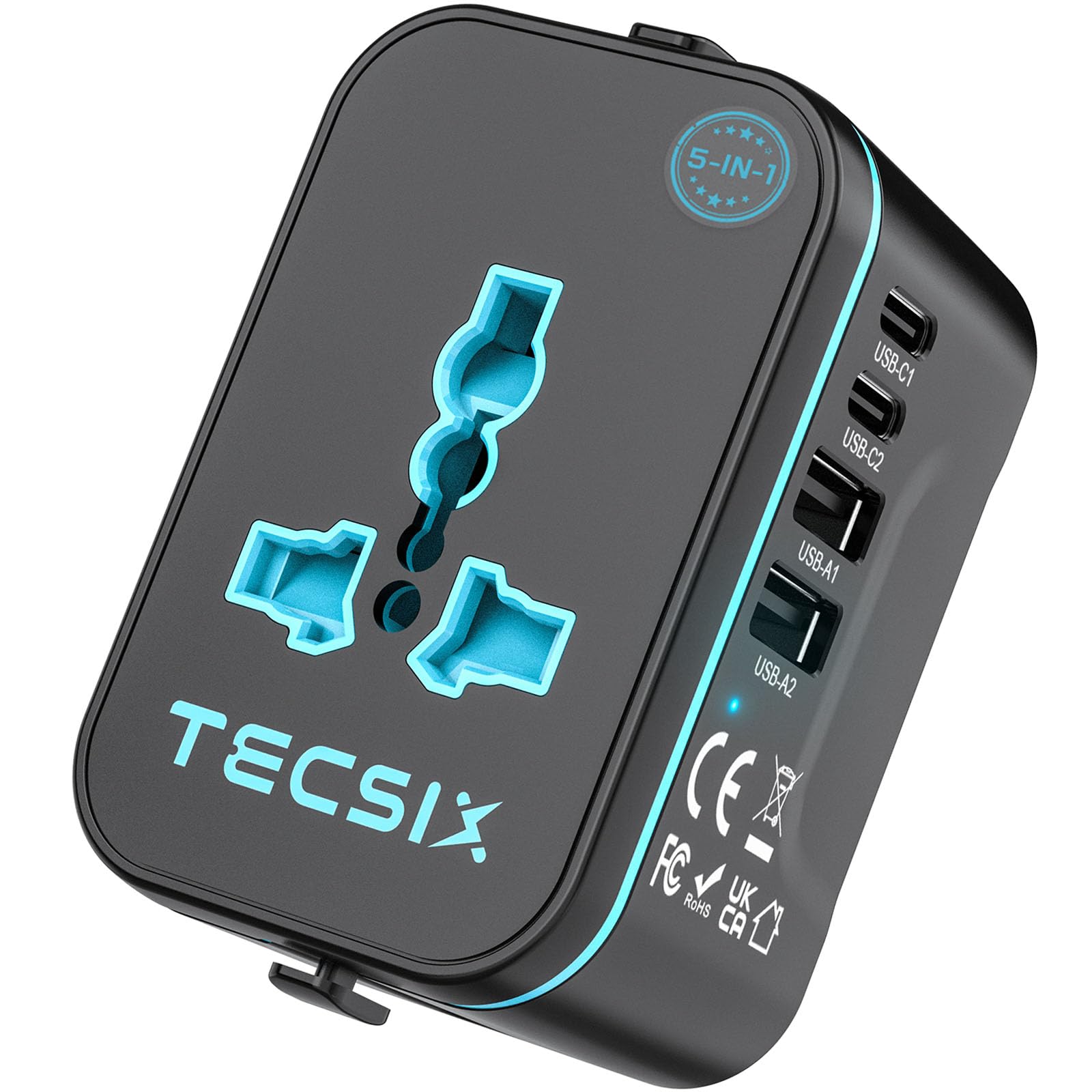 Universal Travel Adapter Worldwide, TECSIX European Travel Plug Adapter with 2 USB C, 2 USB A and Multi AC Outlets, International Power Converter for EU US UK AUS 200+ Countries Type A C G I