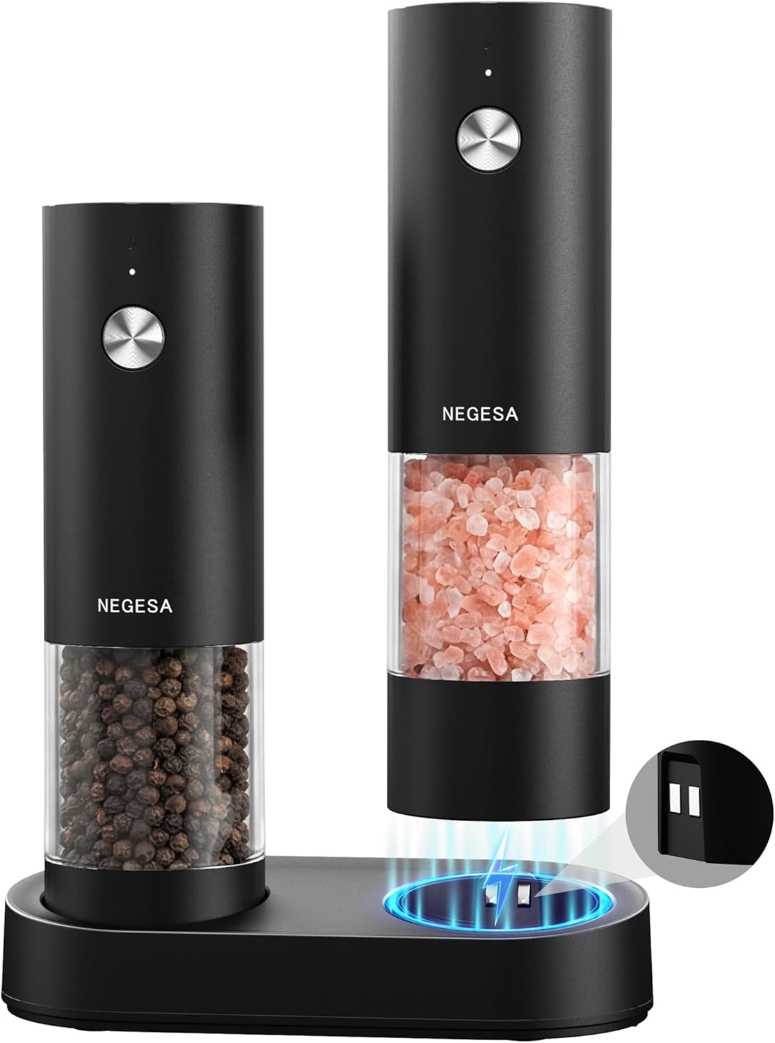 Electric Salt and Pepper Grinder Set, Rechargeable USB Base, Automatic One-Hand Operation, 6 Adjustable Coarseness, 140ml Capacity, LED Light, Refillable for Kitchen, Housewarming Gift