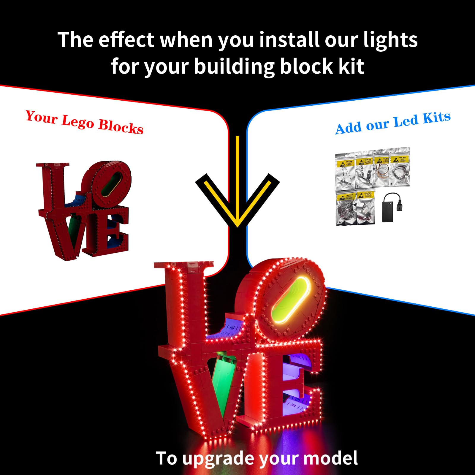 Diagram showing the Lego Love Sculpture before and after adding the Kyglaring LED lighting kit.
