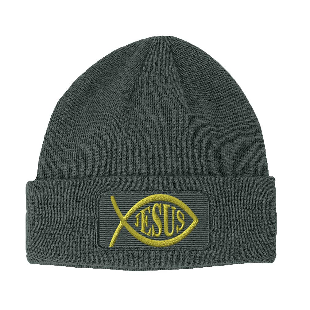 Patch Beanie Jesus Fish Christian Christ Embroidery God Winter Hats Acrylic Skull Cap Hats for Men & Women 1 Size Dark Grey Design Only