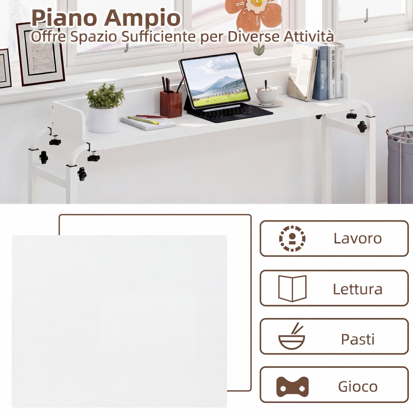 COSTWAY Scrivania da Letto con Ruote, Tavolino da Letto Salvaspazio con Altezza e Lunghezza Regolabili, Telaio in Metallo, Scrivania Portatile per Camera da Letto, Soggiorno e Ospedale (Bianco)