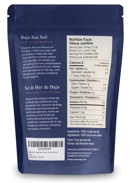 SALTCRAFT Baja Sea Salt Fine Grain, Kosher Certified, 30% Lower Sodium, Unrefined Mineral Salt 16 oz Bag