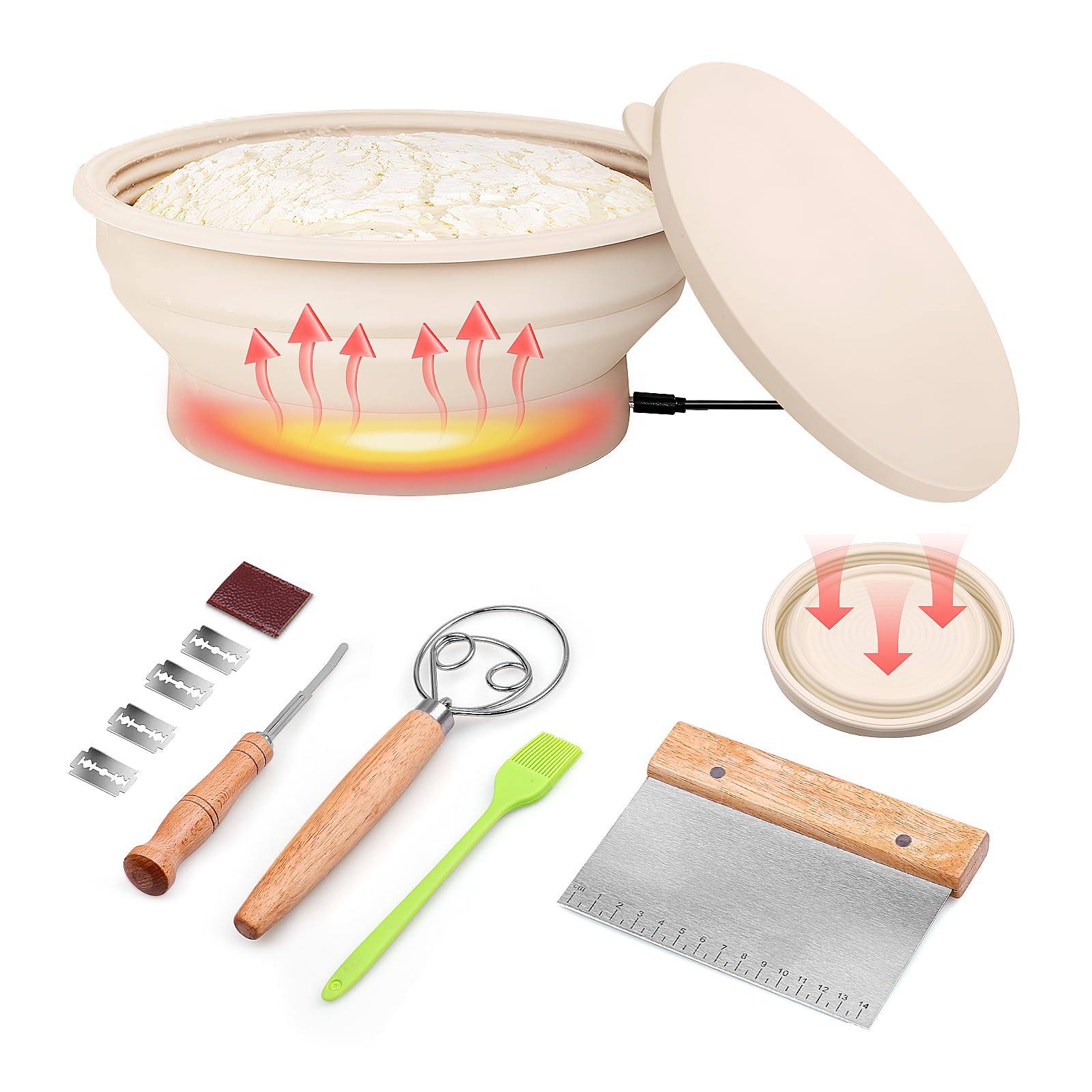 Sourdough Starter Kit, Sourdough Bread Baking Supplies, Sourdough Starter Warmer, Bread Making Kit includes a Heated Bread Proofing Basket, Dough Whisk, Dough Scraper, and Silicone Brush
