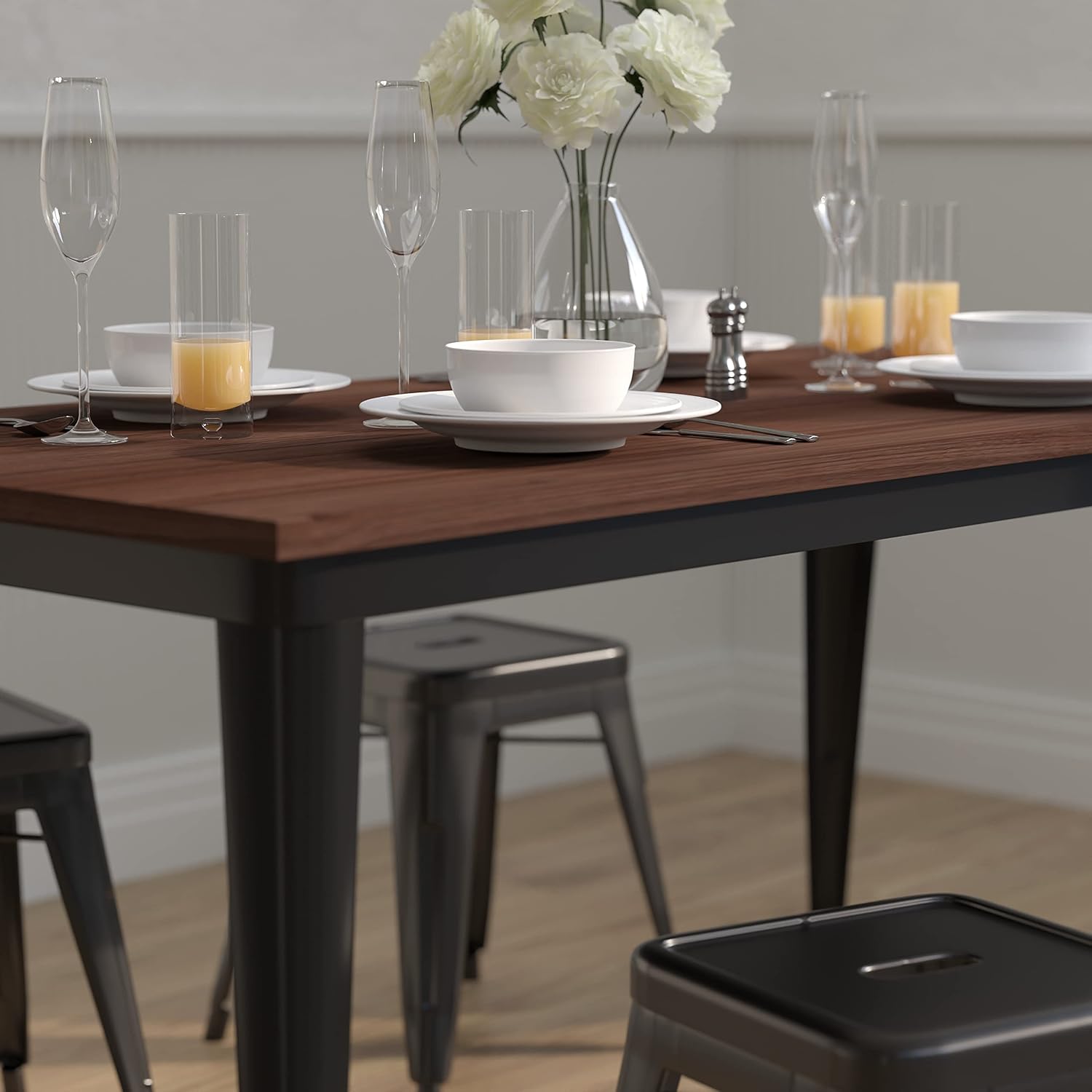 Merrick Lane Ardennes Rectangular Dining Table - Black Steel Frame with Walnut Wood Top - Contemporary Kitchen Table