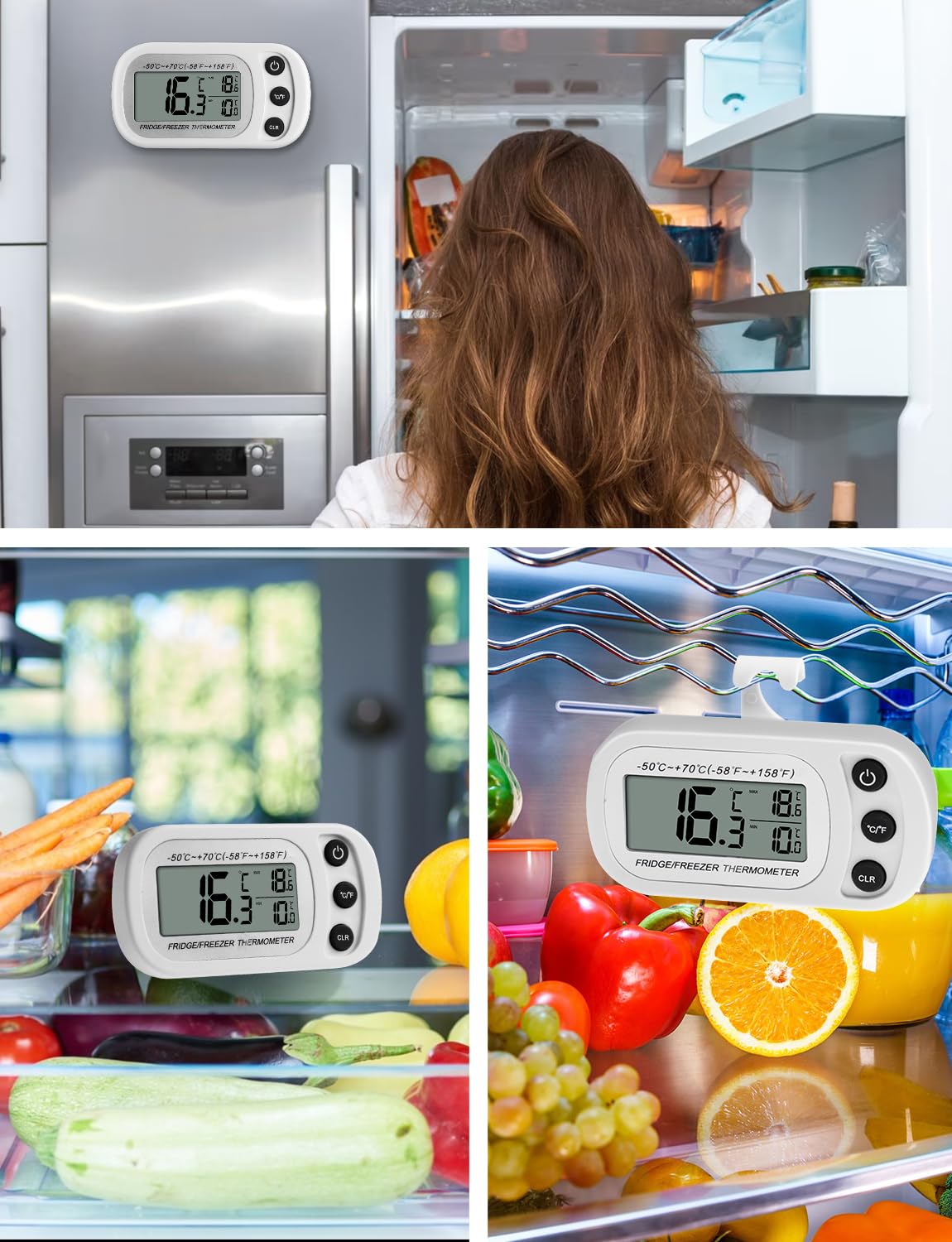 Termómetro para Frigorífico Termómetro Digital, Termómetro Función de Registro Máximo/Mínimo, Termómetro Impermeable para Nevera/Congelador (Blanco)