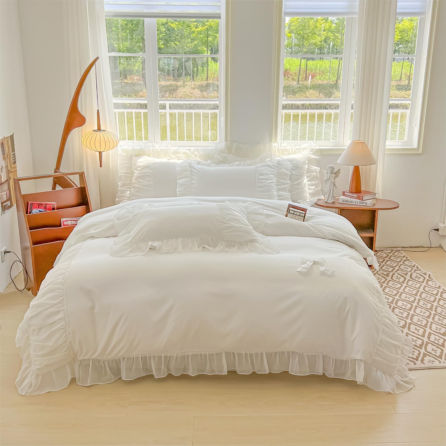 MOOWOO Chic Lace Bedding with Lovely Bow-Romantic Ruffle Duvet Cover Set, 3 Piece Comforter Duvet Cover with Zipper Closure, French Princess Style,Coquette Room Decor(White, Full)