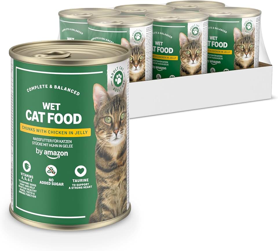 by Amazon Comida Húmeda sin cereales Gatos, Trozos de pollo en gelatina, 6 x 405 g