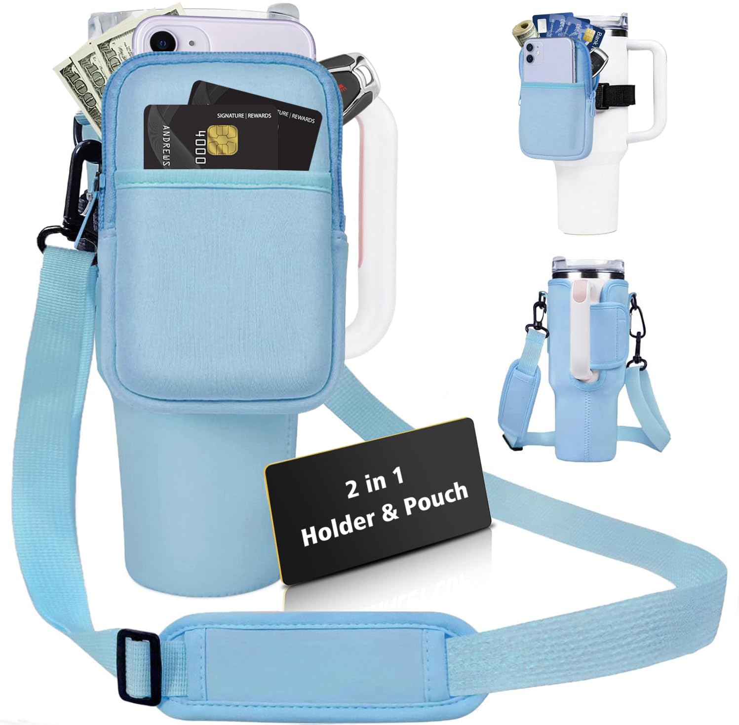 Bringsine Neoprene Water Bottle Carrier Bag For Stanley 40oz Tumbler - Adjustable Strap, Pouch Pocket & Carabiner - View #3