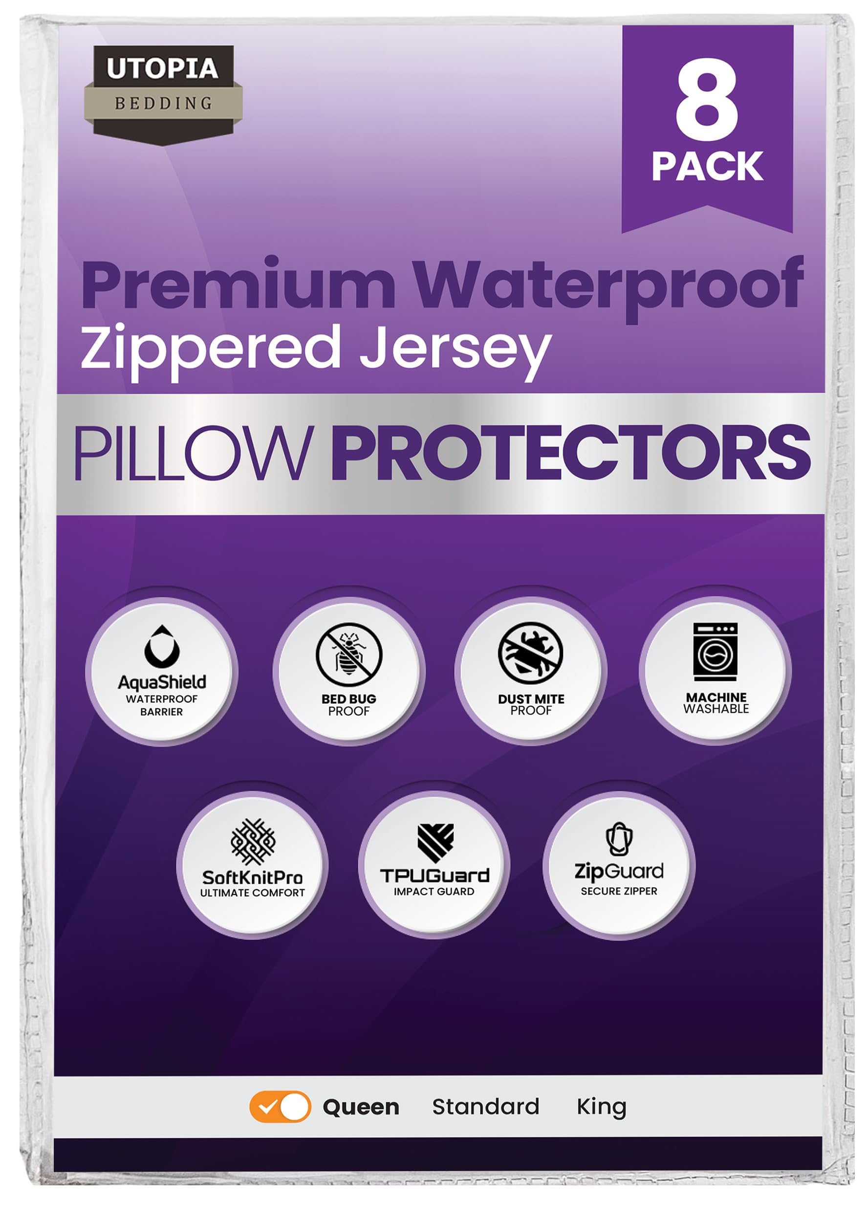 8 Pack Waterproof Pillow Protectors with Zipper Queen Size (White), Bed Bug and Dust Mite Proof Pillow case Covers, Moisture Wicking Pillow Encasements 20 x 28 Inches