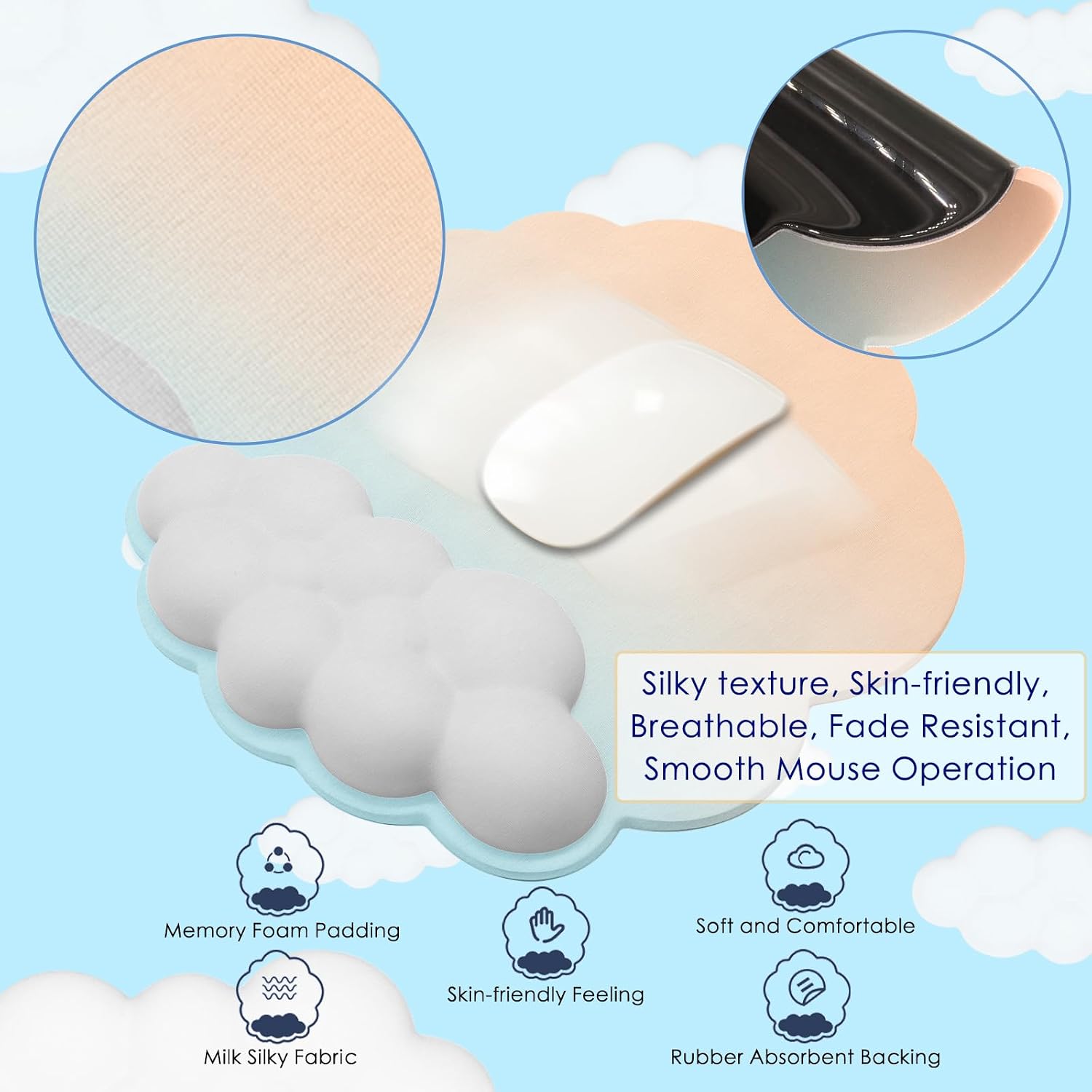 Cloud Mouse Pad Wrist Support Keyboard Wrist Rest Set Ergonomic Wrist Support for Typing Pain Relief Portable for Computer Office Gaming (Orange Light Blue-F) image 4