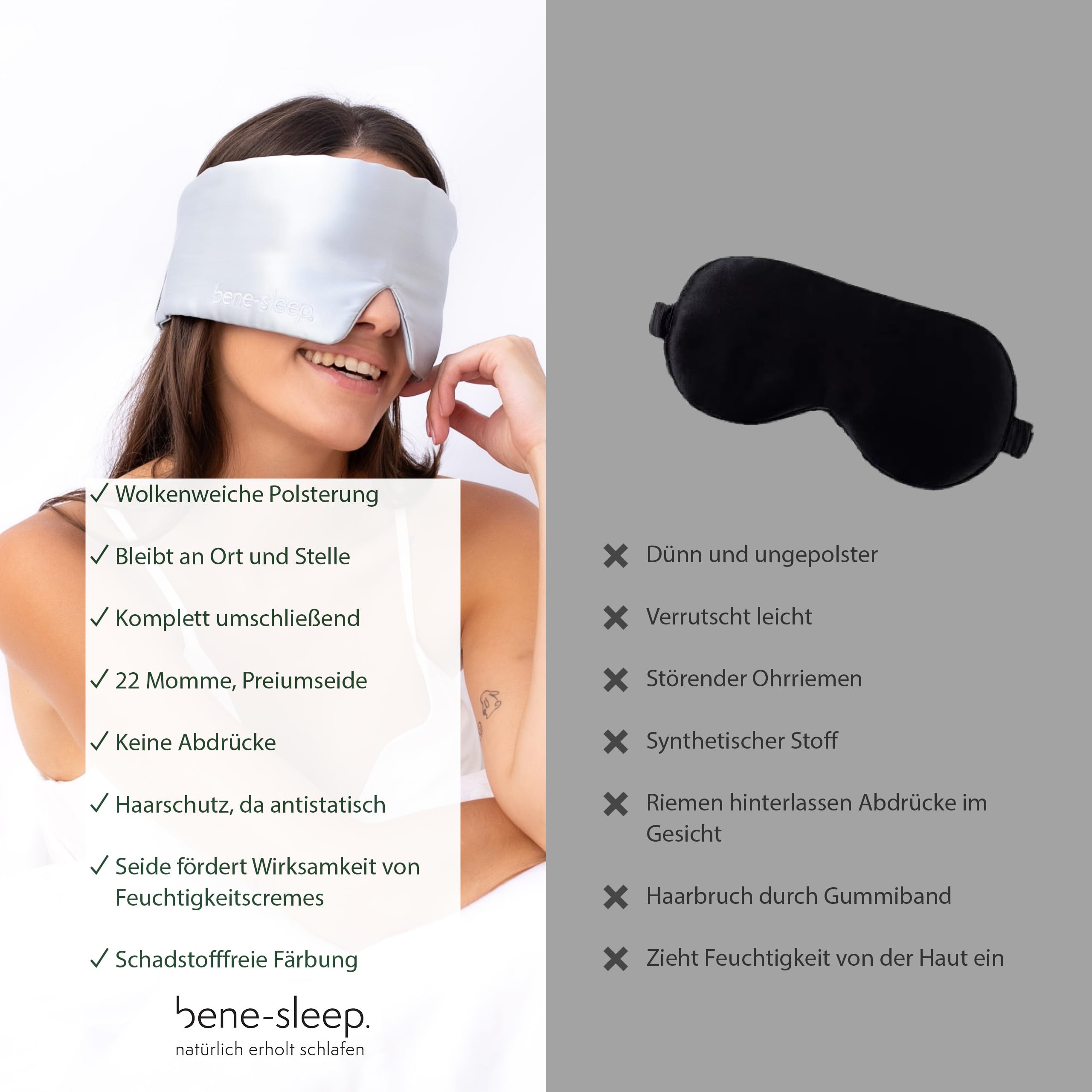 Premium Seidenschlafmaske – 100% lichtdicht – Weiche Polsterung – Hautfreundlich Augenbrille für erholsamen Schlaf – Für längeren REM-Schlaf und schnelleres Einschlafen (Schwarz)