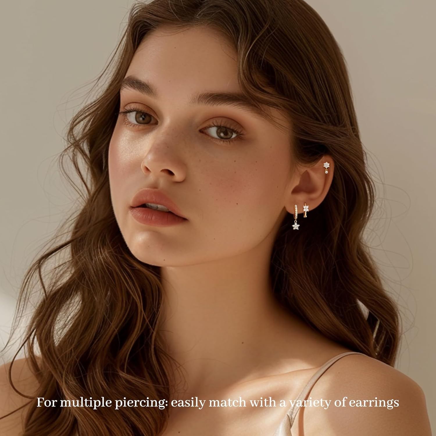 GEORGE · SMITH 3 pairs Flowers earring set for Women, Hypoallergenic Earrings Trendy Versatile Small Earring Stacks Multiple Piercing, 14K Gold plated Stud Huggies earrings for Women - Image 4