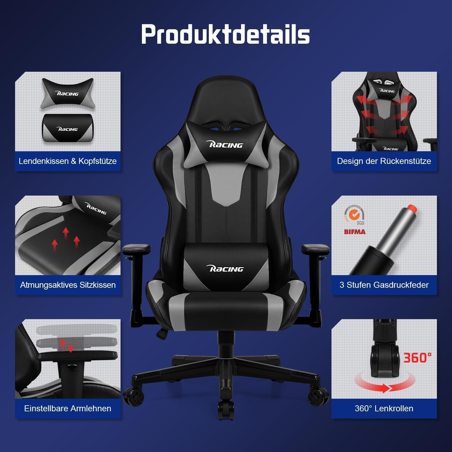 Homimaster Gaming Stuhl, Gaming Chair mit verstellbare Lendenkissen, Kopfkissen und Armlehnen,Ergonomischer Gamer Stuhl gepolstert, Gaming Stuhl 150 kg Belastbarkeit