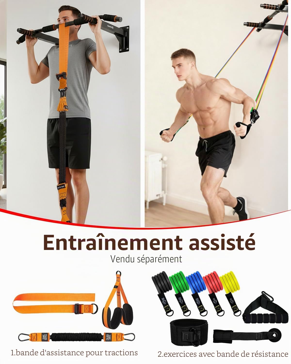 Barre de Traction Murale Fixation Lourde - Montage au Mur avec Cheville, Capacité 200 kg - Structure Renforcée et 3 Prises pour Entraînement Intensif - Noir/Orange