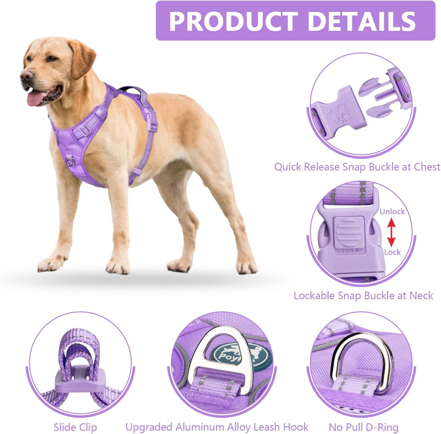 PoyPet No Pull Dog Harness, No Choke Reflective Dog Vest, Adjustable Pet Harnesses with Easy Control Padded Handle for Small Medium Large Dogs(Light Purple Matching Trim,S)