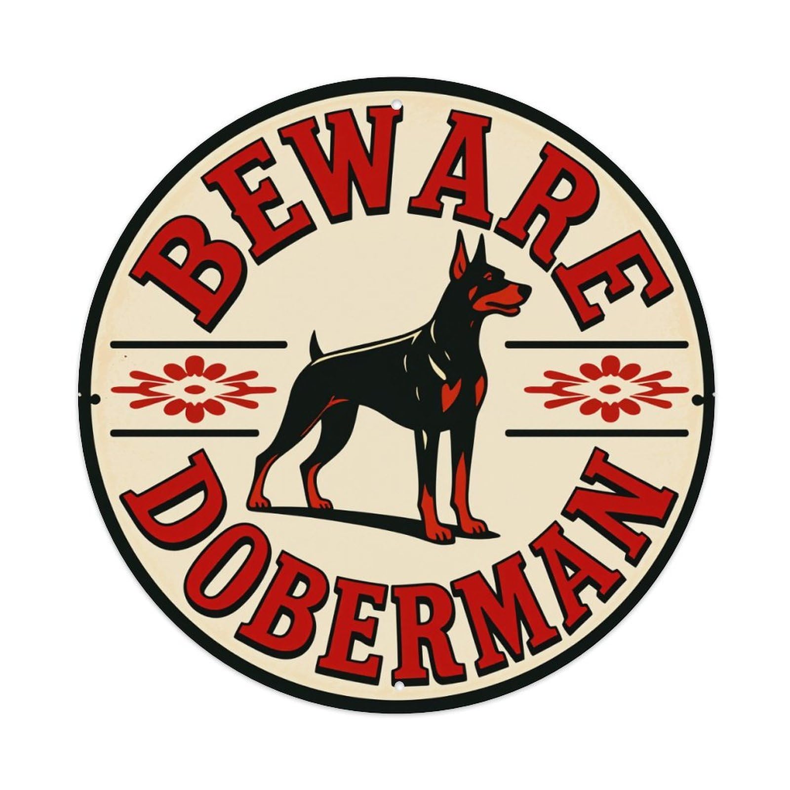 Beware Doberman Dog Sign Pattern Round Tin Sign Vintage Style Metal Sign Home Bar Garden Wall Plaque Decor Metal Poster 8x8 Inch