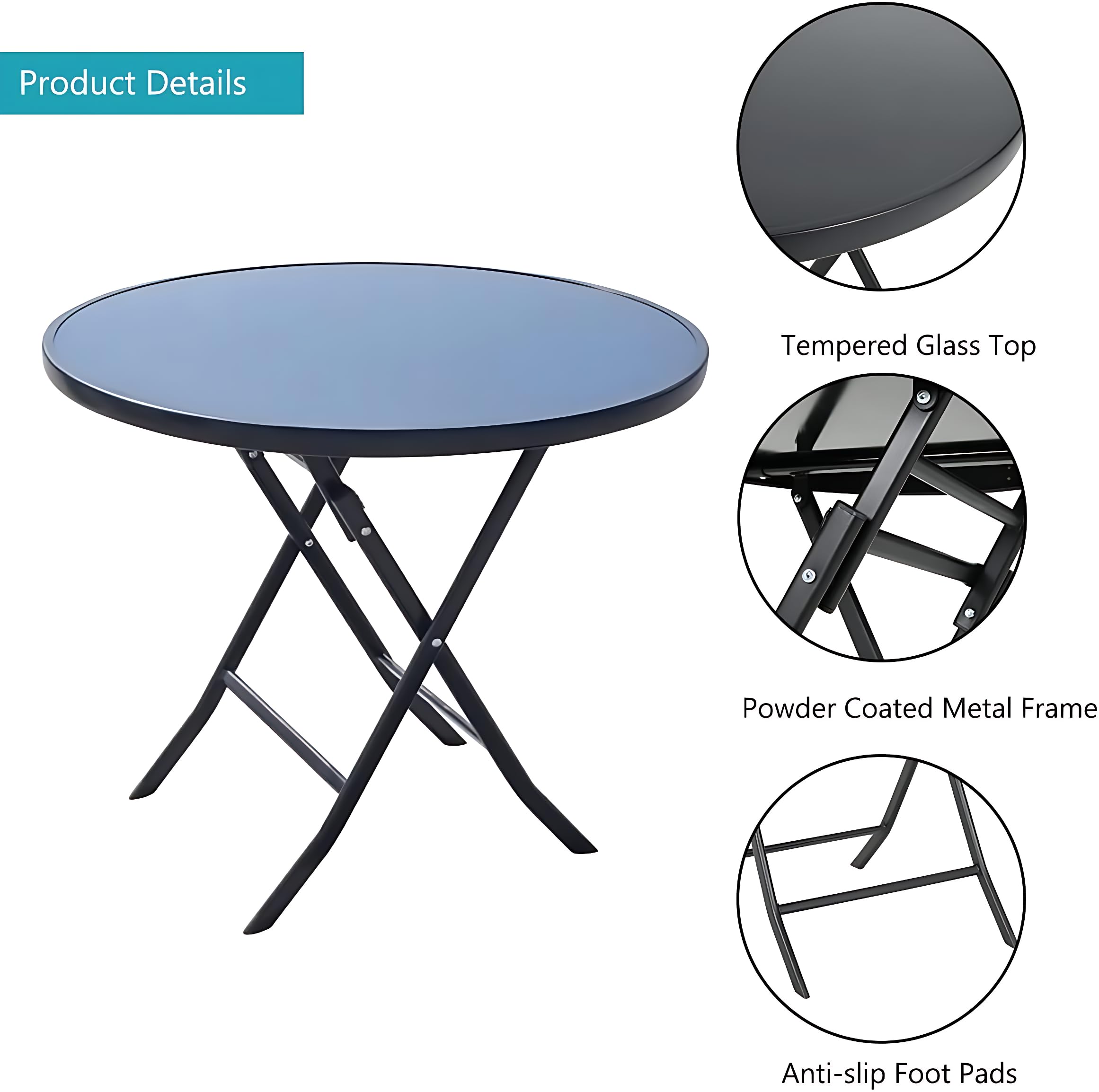 Divik Multi-Purpose Portable & Foldable Dining Table with Metal Frame & Round Tempered Glass Table Top Weatherproof, Garden Table, Outdoor Side Table Space-Saving for Balcony, Living (1Pcs) 4