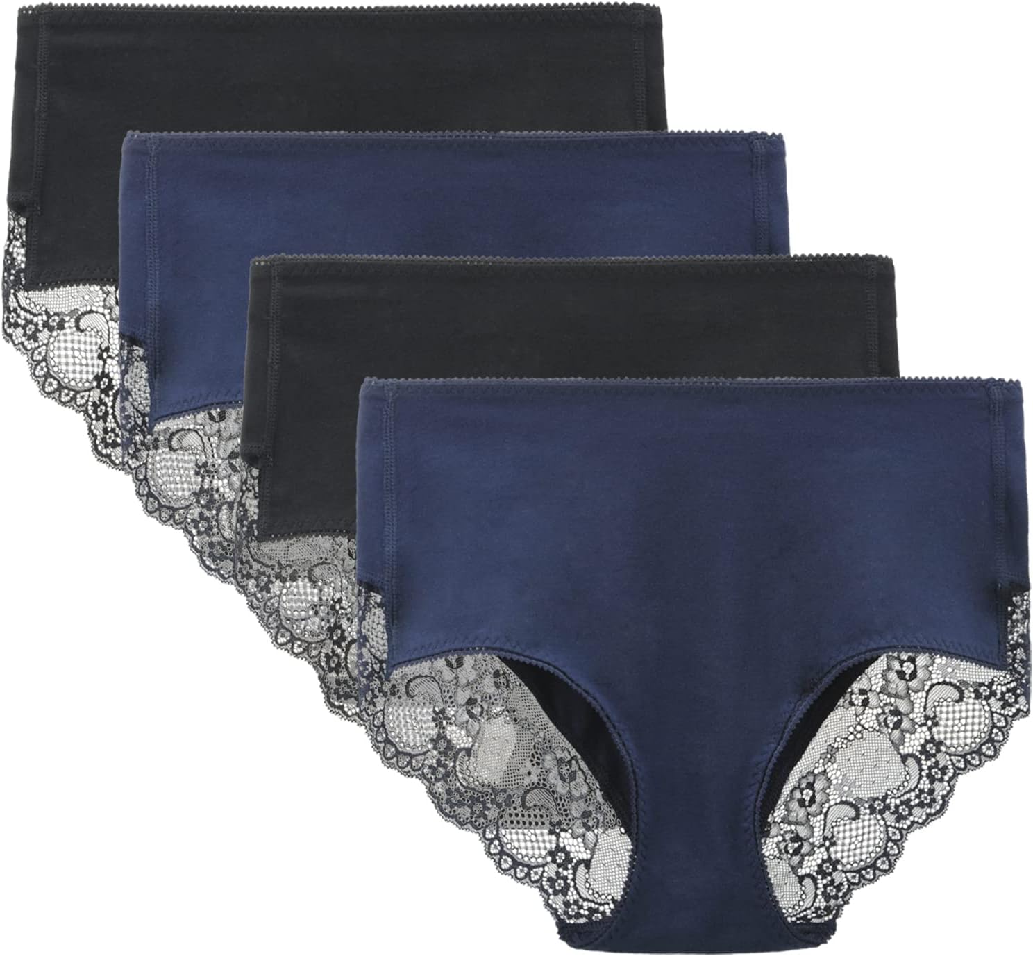 LIQQY Women's 3 or 4 Pack Comfort Cotton Lace Coverage Full Rise Briefs Knicker Underwear L Black/Navy Blue