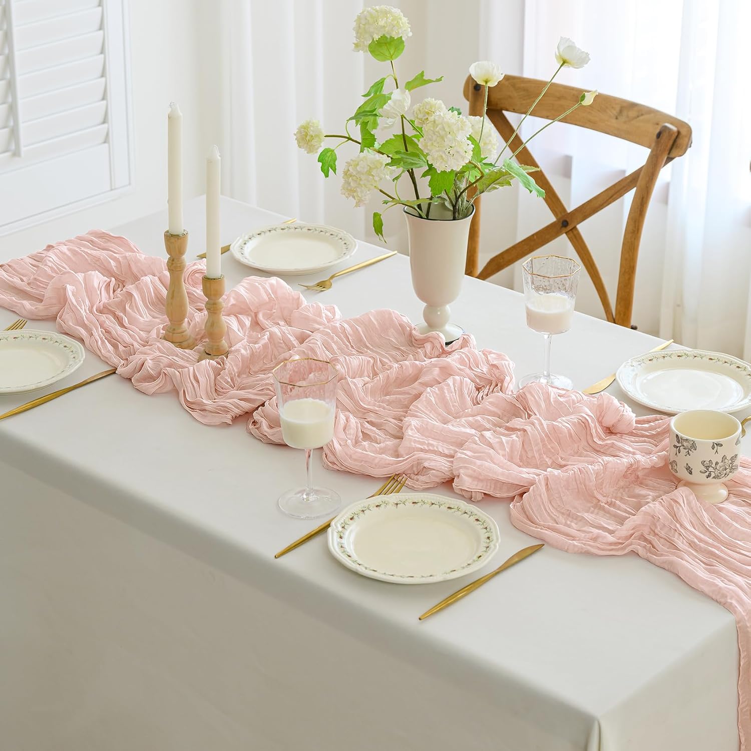 12PCS Cheesecloth Table Runner 10FT Gauze Boho Rustic 35x120 Inch Long Table Runner for Wedding Baby Shower Bridal Shower Decoration(Dusty Pink)