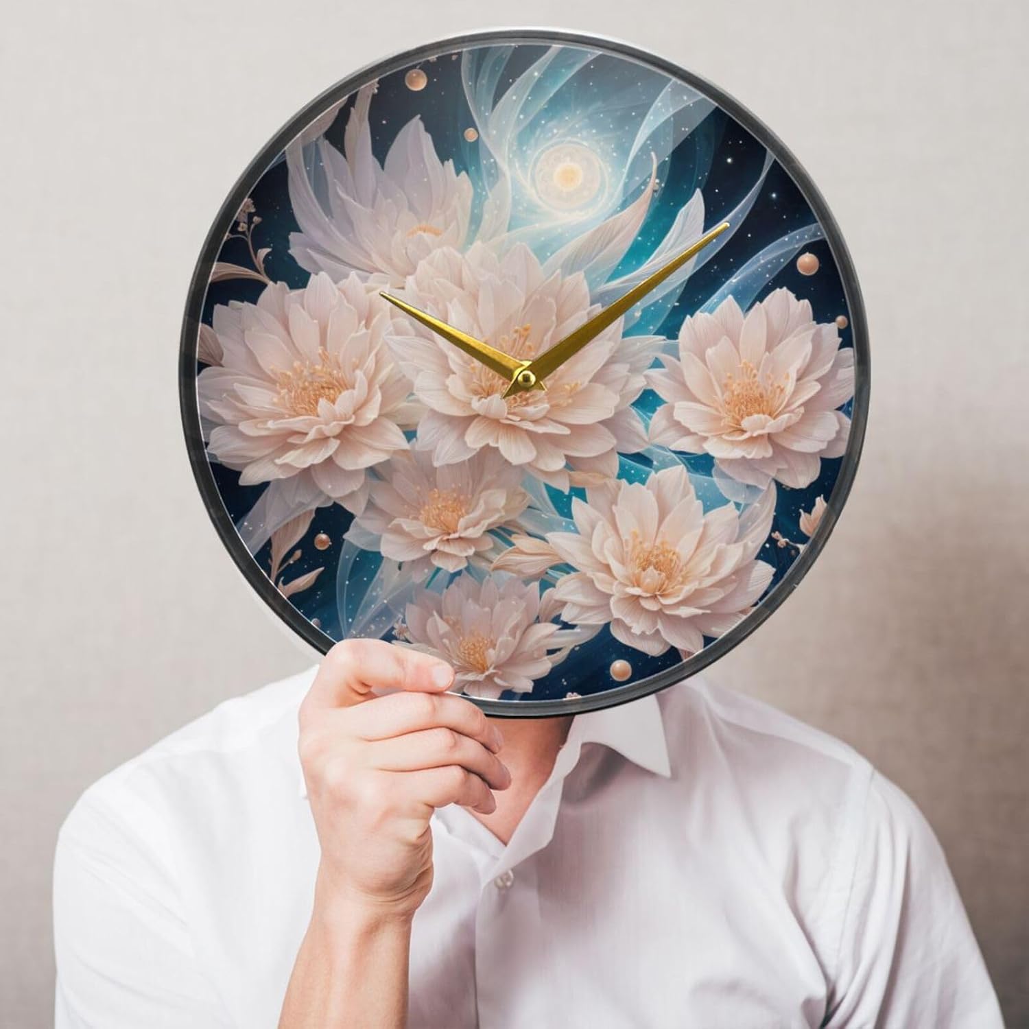 Pink Flowers Round Wall Clock Non-Ticking Silent Battery Operated Acrylic Modern Simple Clock for Kitchen Living Room Bedroom Bathroom Office 12 in