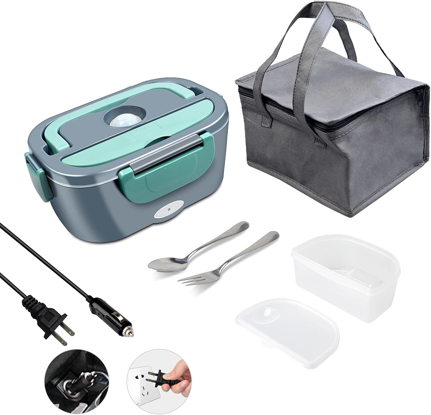 Electric Lunch Box 2 in 1,Portable Food Warmer Heating,Removable 304 Food-Grade Stainless Steel 1.5L,For Car,Truck, Work, Home 12V&110V 40W, Include Insulated Lunch Bag(GreyGreen)
