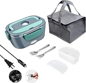 Electric Lunch Box 2 in 1,Portable Food Warmer Heating,Removable 304 Food-Grade Stainless Steel 1.5L,For Car,Truck, Work, Home 12V&110V 40W, Include Insulated Lunch Bag(GreyGreen)