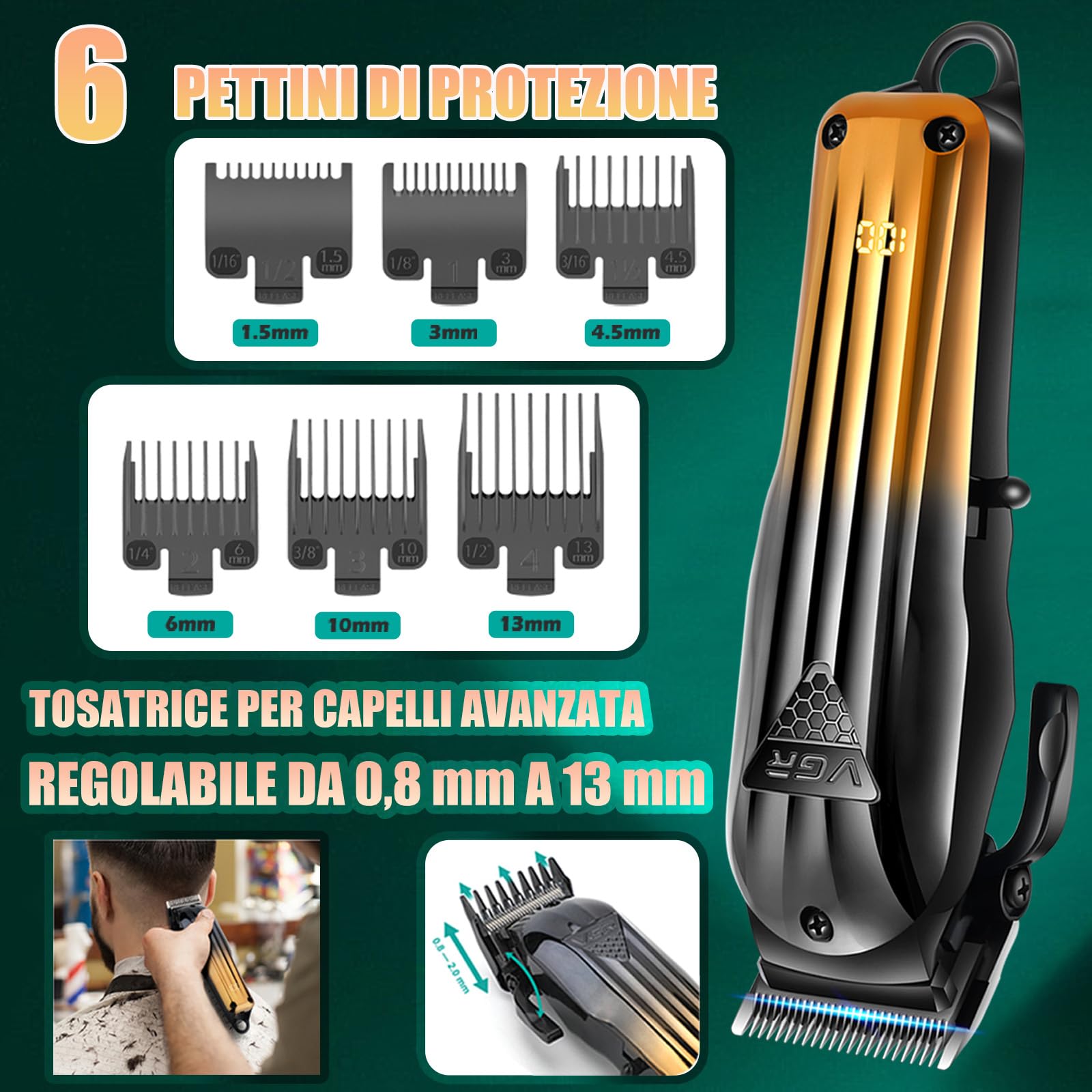 VGR 644 Tagliacapelli Professionale per Uomini, Tondeuse per Barba Senza Fili & Rasoi Elettrici, Kit di Taglio per Barbiere Ricaricabile da 3 Pezzi con Display LED