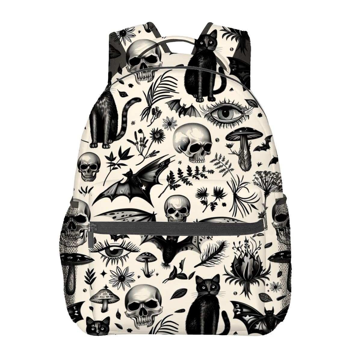 MIEPOS Gothic Backpack,Skull Black Cat Retro Polyester Backpacks,Lightweight Double Shoulder Back Pack for Women,Vintage Goth Halloween Bookbag,School