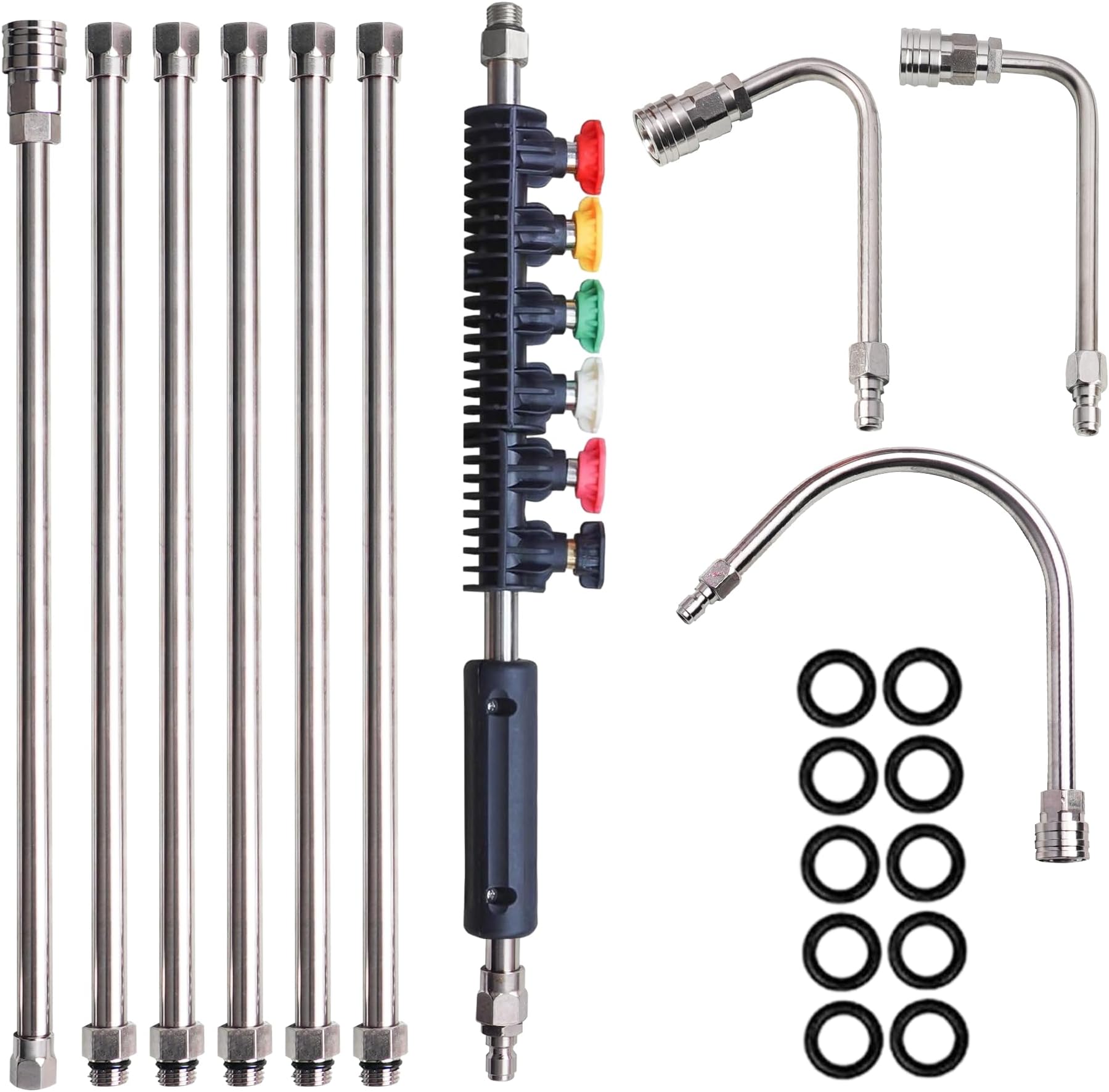 Xiny Tool Pressure Washer Extension Wand, 10 Pack Power Washer Lance with 6 Atomization Nozzle Tips,1 Gutter Cleaner Attachment Curved Rod, 1/4" Quick Connect, 4000 PSI