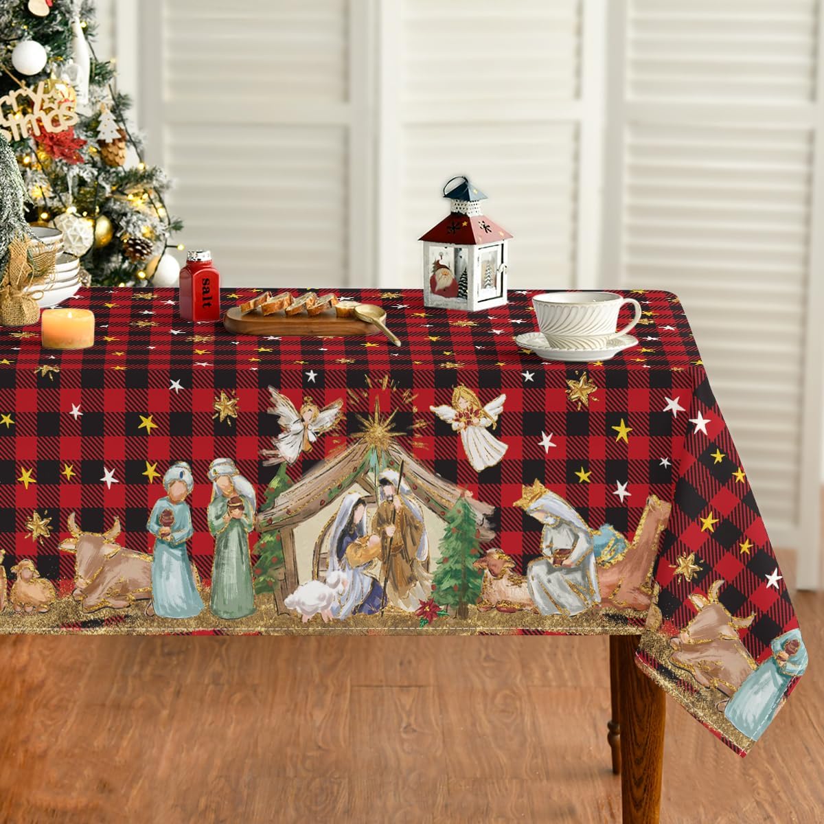 Horaldaily Christmas Tablecloth 52×70 Inch, Holy Nativity Red Buffalo Plaid Washable Table Cover for Party Picnic Dinner Decor 52" x 70" (Rectangular) Red