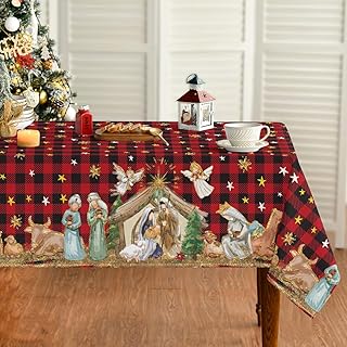 Horaldaily Christmas Tablecloth 60×104 Inch, Holy Nativity Red Buffalo Plaid Washable Table Cover for Party Picnic Dinner Decor