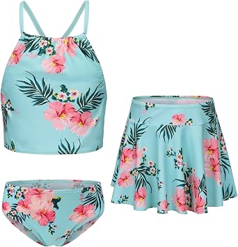 Girls Bikini Swimsuits Set for Girls 3 Piece Skirt Bathing Suits Swim Dress Hawaiian Beach Swimwear 3-16 Years