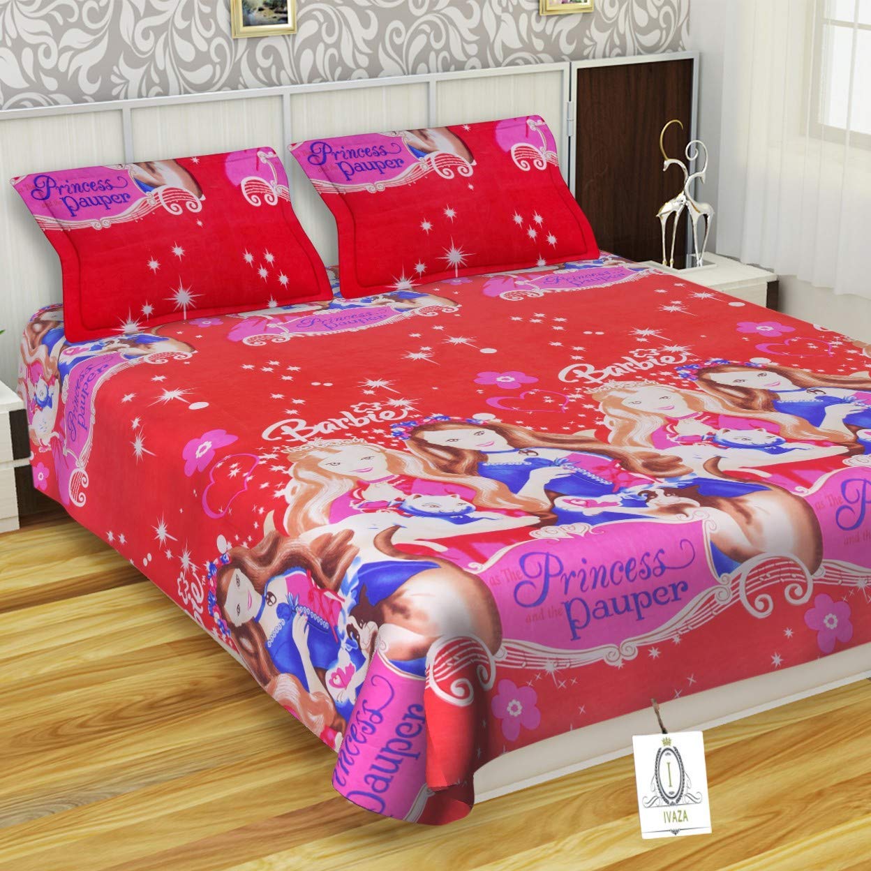 Dtex New Beautifull 3D Printed Polycotton Double bedsheet with 2 Pillow Cover Pink Barbee