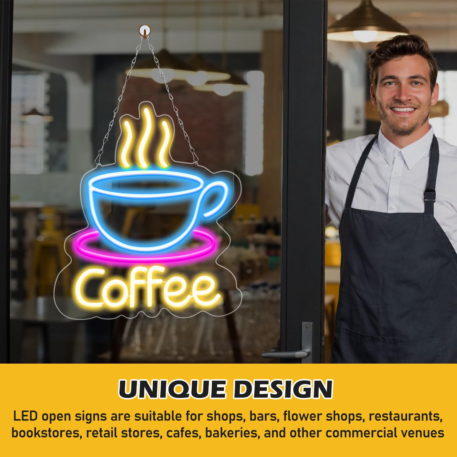 Coffee Neon Sign, reklama reklamowa LED, do kawy, neonowy szyld z przyciemnianym włącznikiem i łańcuchem wiszącym, zasilanie USB, do kawiarni, baru, salonu, dekoracja