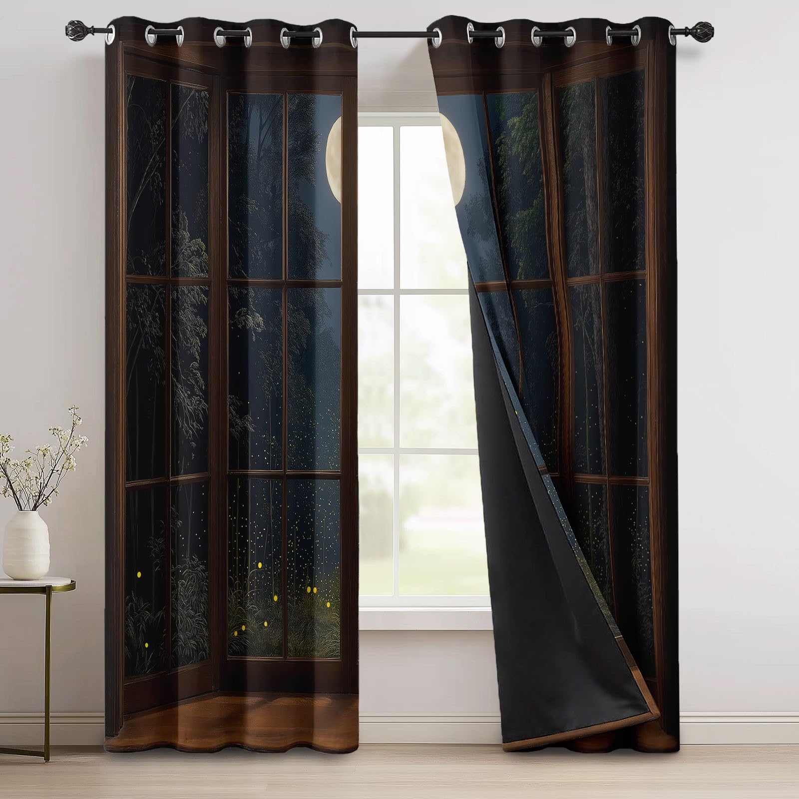 Generisch Natur Bedruckt Vorhänge H200 x B70 cm aus 2 Paneelen, Mond Wald Glasfenster Schalldicht Vorhang mit Ösen für Wohnzimmer Schlafzimmer, Braun Verdunkelung Wärmeisoliert Gardine
