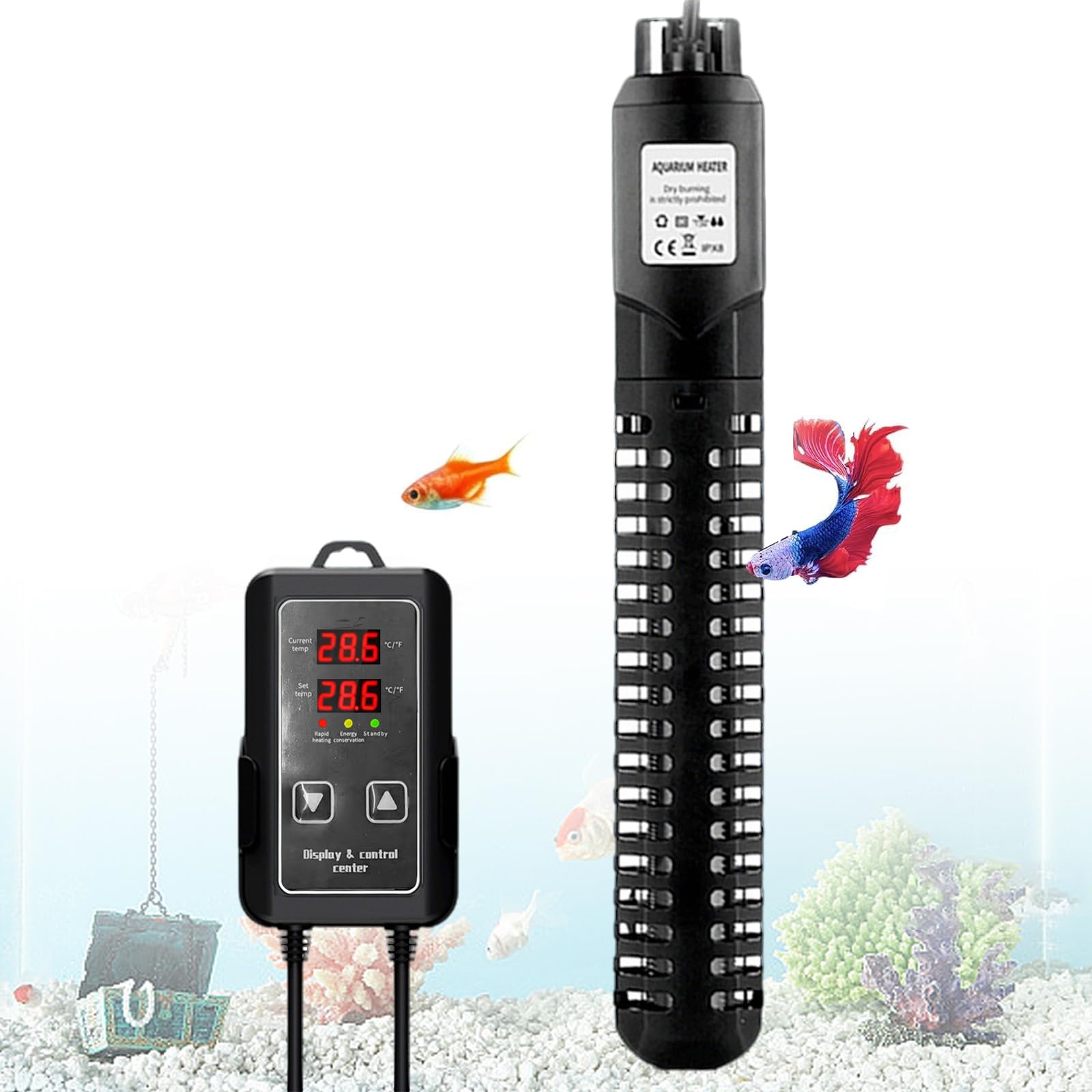 Aquarium-Heizung, 300 W Aquarium-Heizung mit externem LED-Thermostat-Controller, intelligenter Überhitzungsschutz, Übertemperaturschutz, Memory-Funktion, tauchfähiger Aquariumstrahler für 150 l Süß