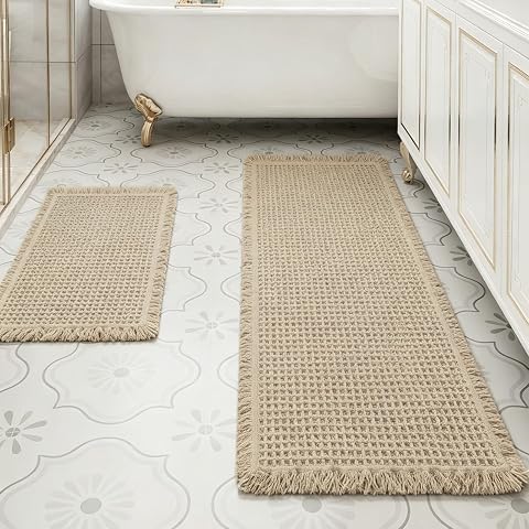 Waffle Runner Bath Mat Non Slip, 2 Piece Boho Farmhouse T...