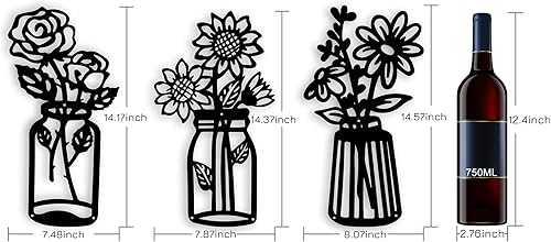 Miniatura 2 de qzmaikoo 3 piezas de rosas de girasol margaritas flores de metal negro decoración de pared jarrón de metal arte de pared esculturas de pared de