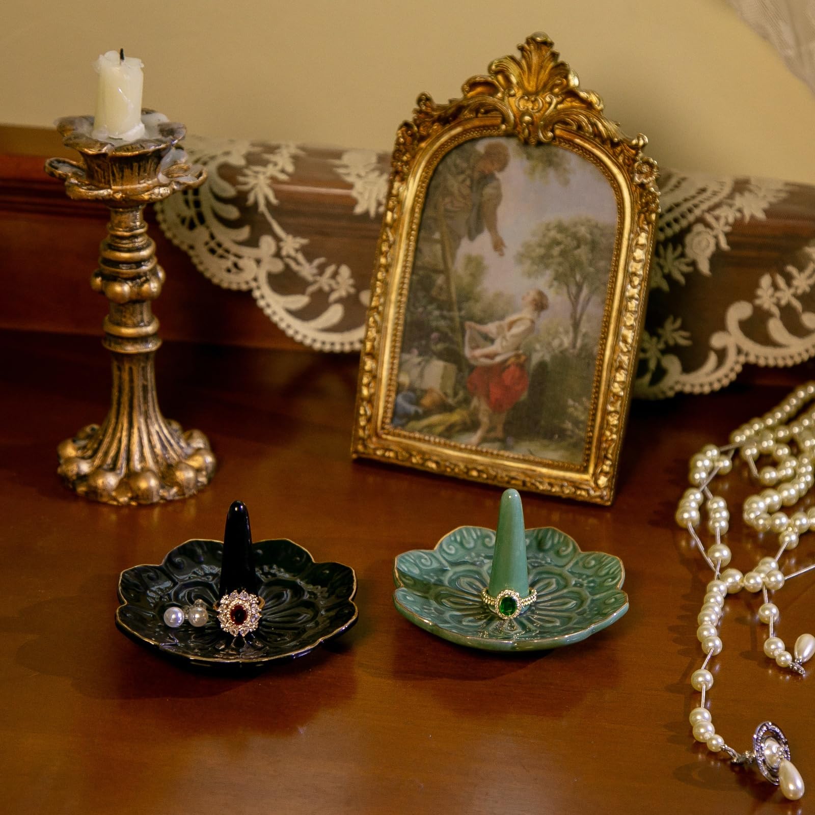 HOMEGOAL Ceramic Ring Holder Dish for Jewelry, Decorative Mandala Jewelry Tray for Rings Earrings Necklaces Watch Keys, Aesthetic Room Decor, Birthday Engagement Wedding Gifts for Women (): Black