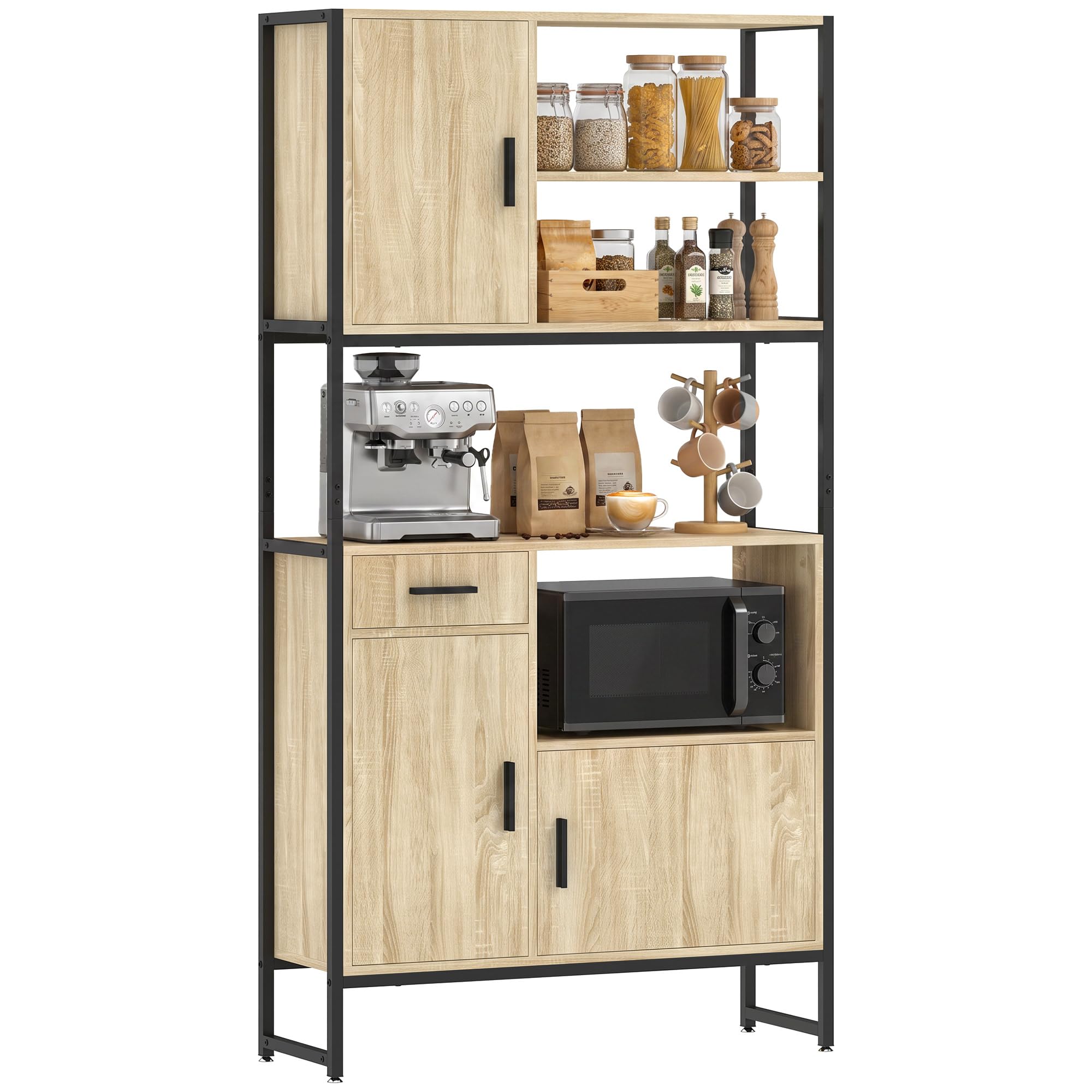 HOMCOM Buffet Haut Cuisine 3 Portes à Fermeture Douce Tiroir Bois Naturel