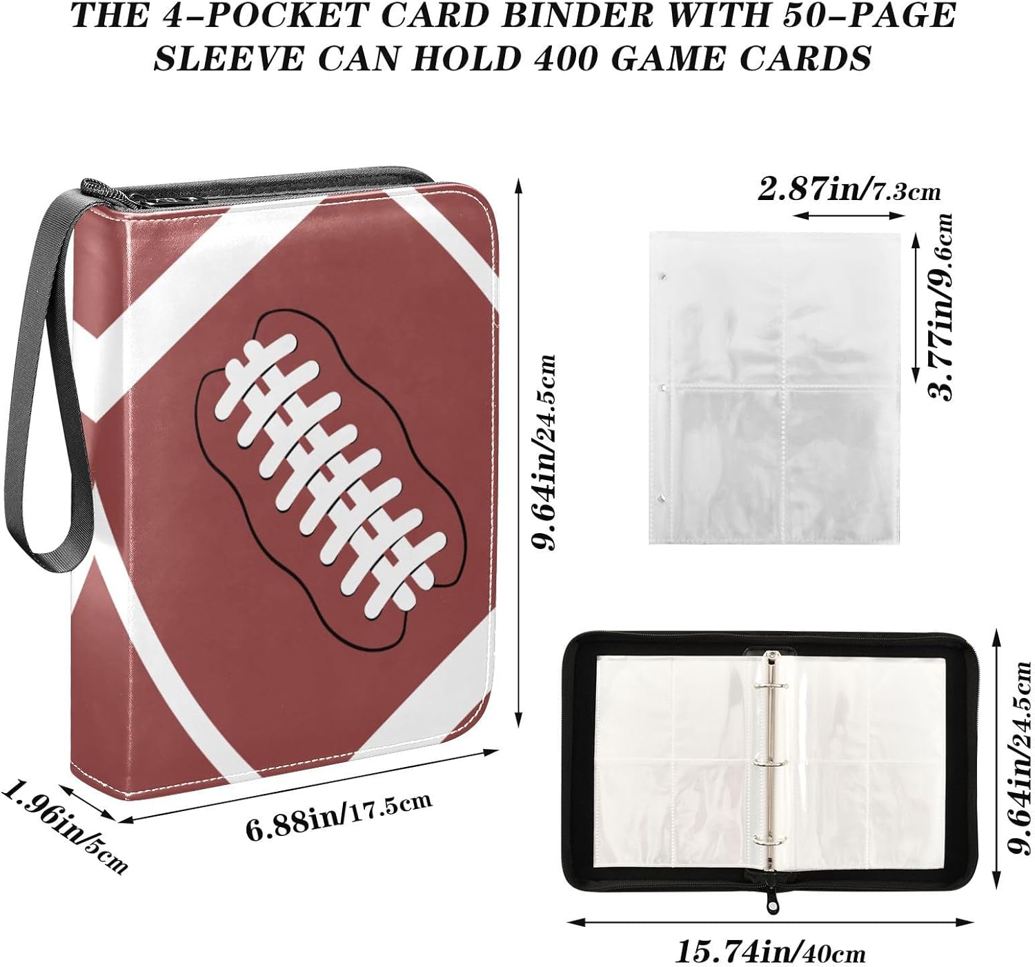 American Football Print Card Binder 4 Pocket Zipper PU Trading Card Album Fits 400 Game Cards 50 Removable Sleeves Card Folder Collection for Baseball MTG TCG Sports Cards